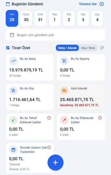 Unideva Mobil ana ekranında bu ayın satış, alış ve açık alacak özeti