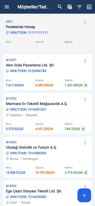 Unideva Mobil uygulamada müşteri listesi: borç, alacak ve bakiye